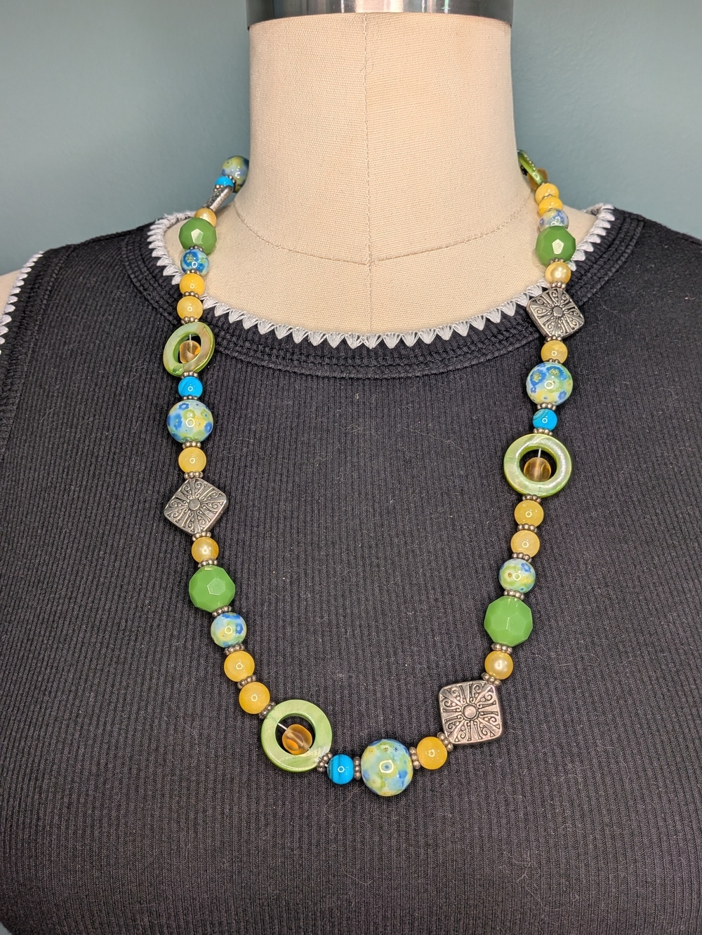 Artisan Floral Millefiori Glass Shell & Silver Accent Beaded Toggle Necklace